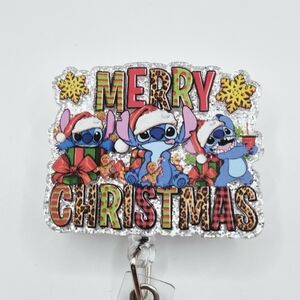 Stitch Festive Merry Christmas Badge Reel Belt Or Alligator Clip